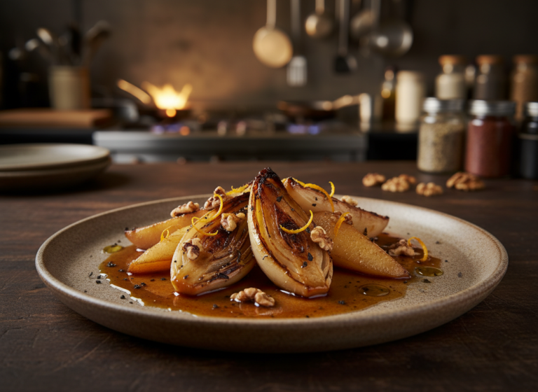 Lire la suite à propos de l’article Endives et poires caramélisées au thé noir sous un oranger Kamélya