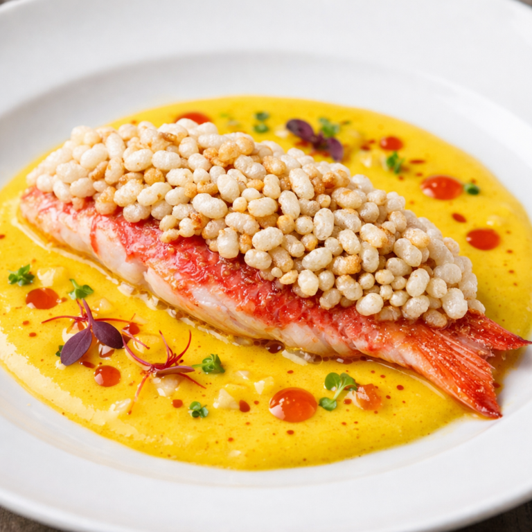 Lire la suite à propos de l’article Rouget au riz soufflé sauce safran