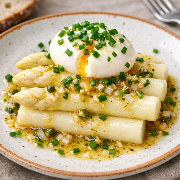 Lire la suite à propos de l’article Asperges blanches à la vinaigrette et oeuf mollet