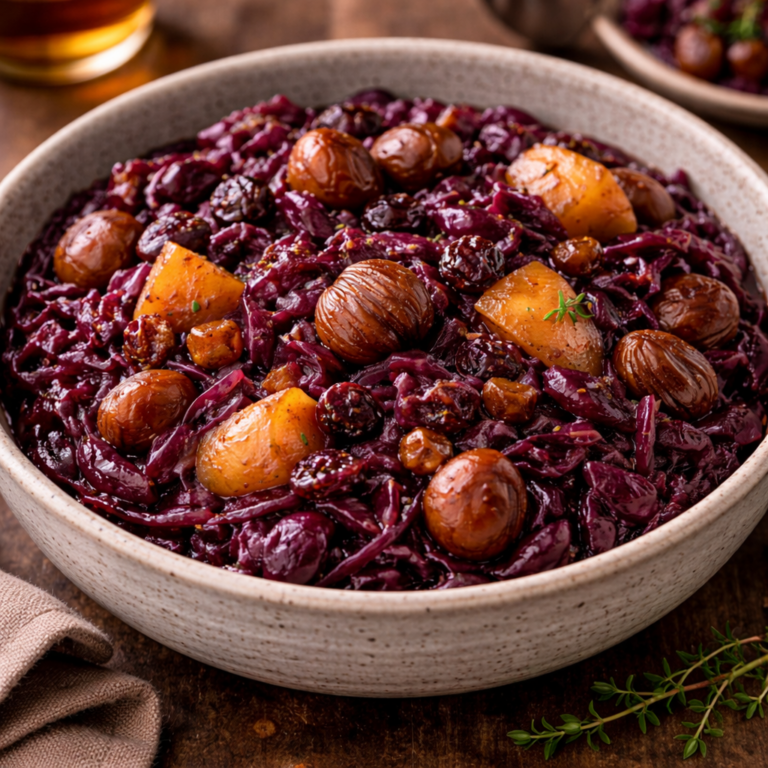 Lire la suite à propos de l’article Chou rouge aux pommes, châtaignes et raisins secs