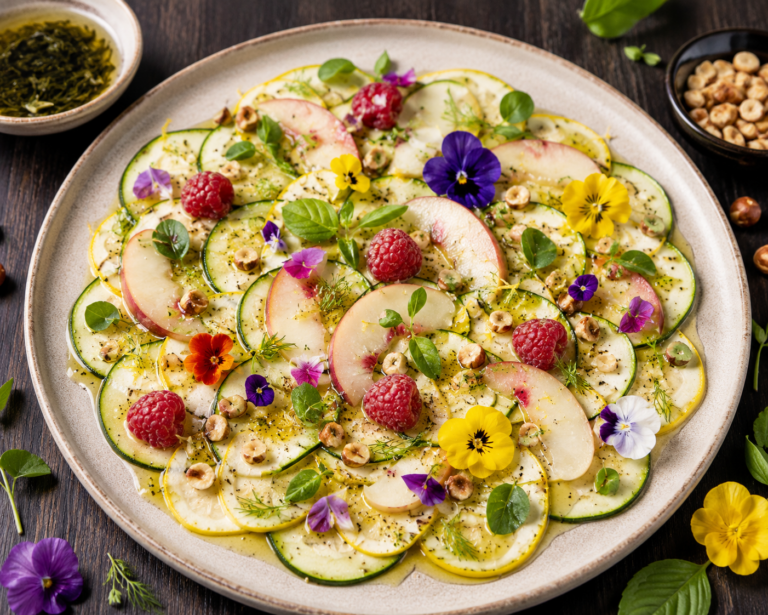 Lire la suite à propos de l’article Carpaccio de Carpaccio de courgette, pêche blanche, framboises et noisettes