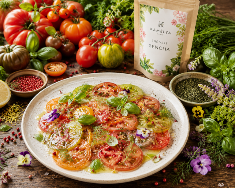Lire la suite à propos de l’article Carpaccio de tomates à l&rsquo;huile de thé et herbes fraîches.