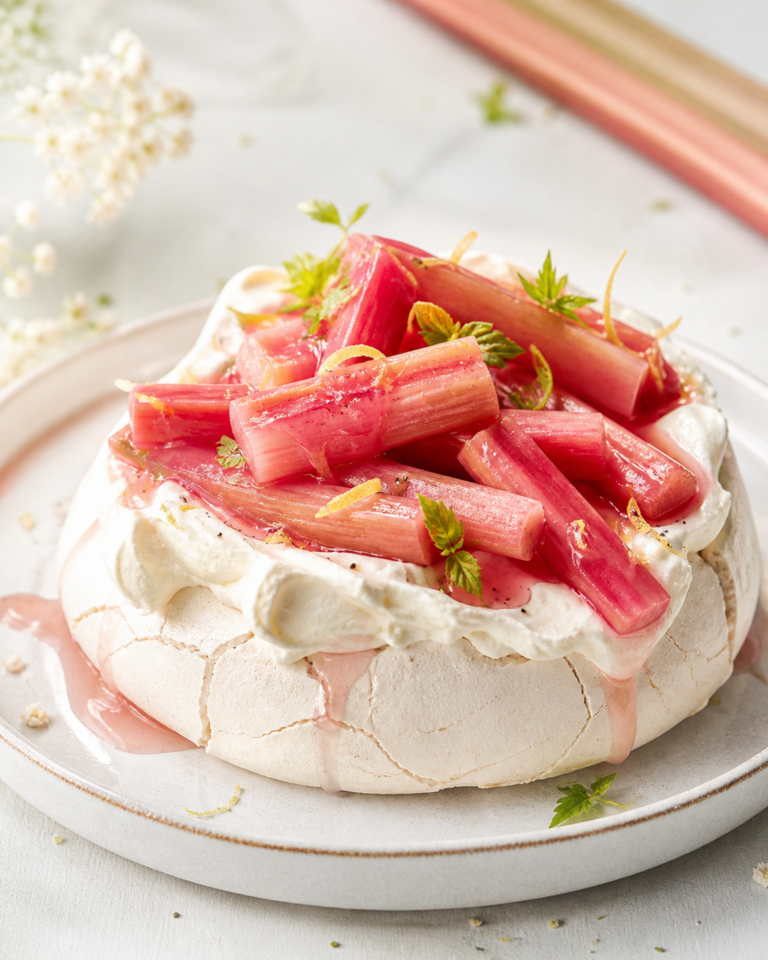 Lire la suite à propos de l’article Pavlova à la rhubarbe pochée et crème verveine.