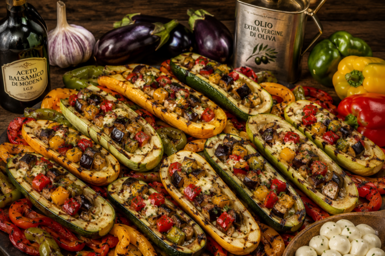 Lire la suite à propos de l’article Courgettes farcies aux légumes grillés