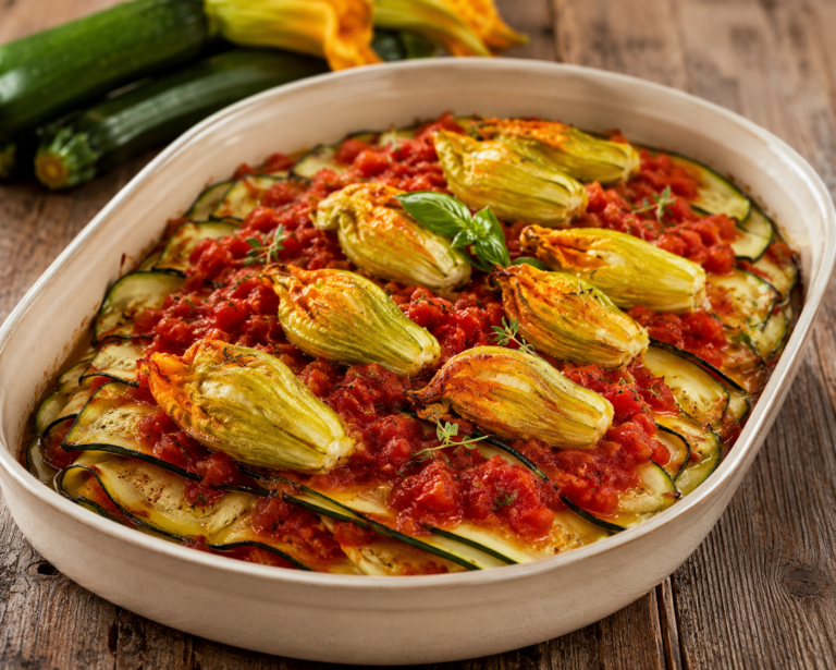 Lire la suite à propos de l’article Fleur de courgette farcie sur ses lamelles de courgette à la tomate.