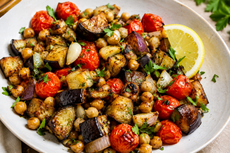 Lire la suite à propos de l’article Aubergine rôtie aux pois chiches et tomates.