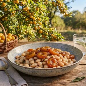 Salade tiède de Cocos de Paimpol à la sauge et aux mirabelles poêlées
